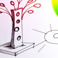 concept sketch for a unique concrete planter that combines organic parametric shapes with modern minimalism, the concrete planter should have a solar panel attached to it creatively , and an led source of light that is directed towards the tree